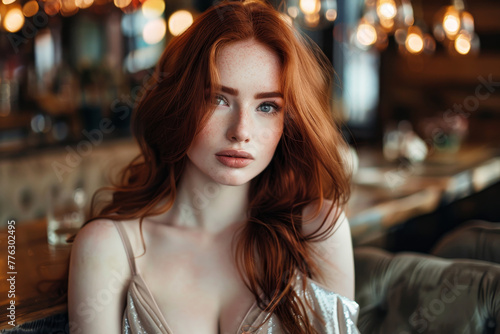 A woman with red hair and a pretty face is sitting at a table