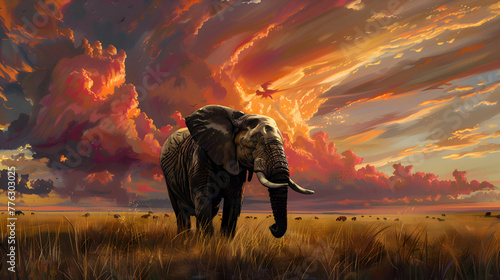 A magnificent elephant peacefully grazing in a vast grassland  with billowing clouds painting the sky in hues of orange and pink