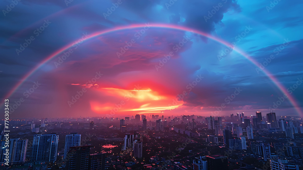 Rainbow arching over a cityscape