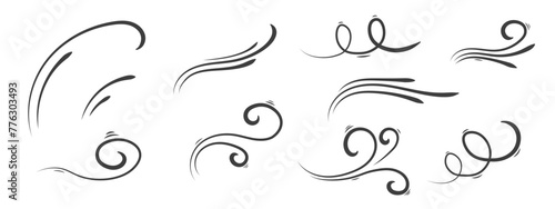 A set of hand drawings of wind lines. Sketches of airflow, swirling elements. Abstract linear movement of air masses, smoke. Vector illustration.