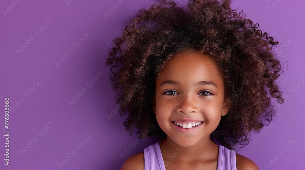 Portrait of a radiant young girl with curly hair and a wide smile against a purple background. Portrait of a radiant young girl with curly hair and a wide smile against a purple background.