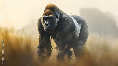 A magnificent silverback gorilla, the epitome of strength and grace, stands amidst a softly blurred wilderness, its presence commanding attention photo