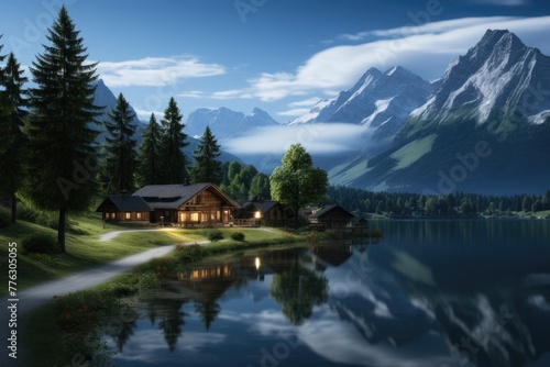 Beautiful landscape lake and trees and mountains Generative AI
