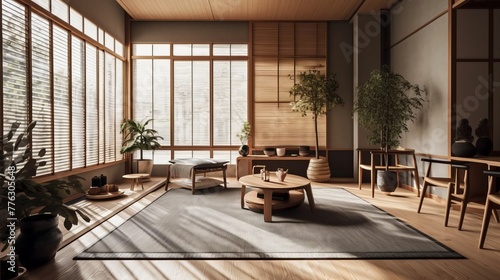 A Japandi style living room  interior close to nature  embraces natural elements to create a serene and harmonious space.