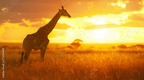 A majestic giraffe gracefully roaming the savanna under the golden African sun  with vast open plains stretching into the horizon