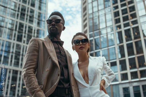 Interracial fashionable luxury interracial couple in the city, copy space of an African-American man and a Korean woman in stylish and fashionable outfits © Simn
