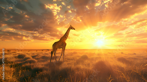 A majestic giraffe gracefully roaming the savanna under the golden African sun  with vast open plains stretching into the horizon