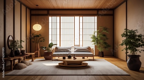 A Japandi style living room  interior close to nature  embraces natural elements to create a serene and harmonious space.