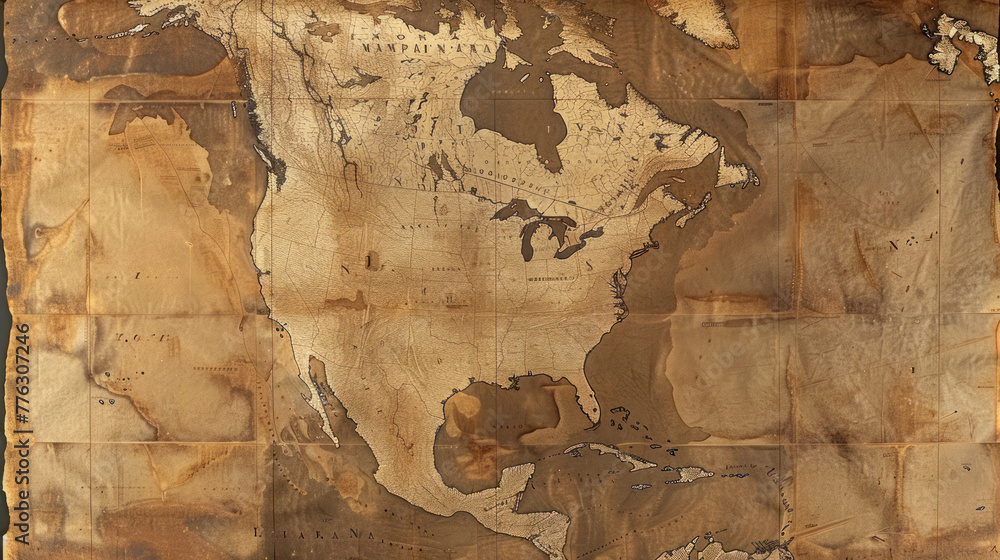 An aged map displays the weathered continents of North America in a vintage style. - obrazy, fototapety, plakaty 