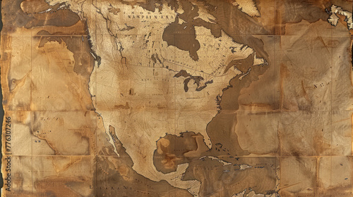An aged map displays the weathered continents of North America in a vintage style. photo