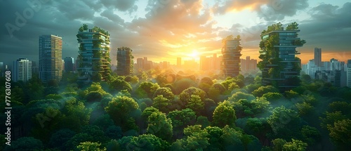 Ecocity of the Future: Green Skyscrapers, Parks, and Digital Art in an Urban Setting. Concept Sustainable Architecture, Urban Greenery, Modern Art, Eco-Friendly Structures, Urban Planning #776307608
