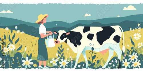 Cow and a woman on a colorful field - colorful vector