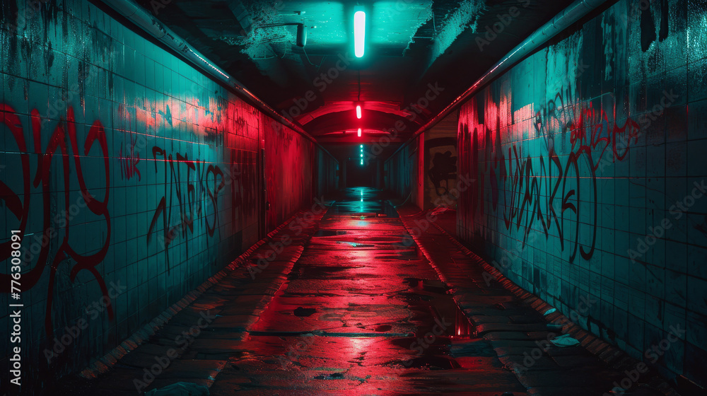 Underground Corridor Illuminated by Neon
