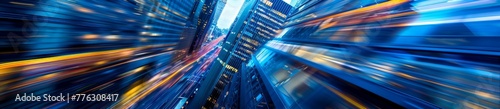 abstract cityscape, buildings, skyscrapers, motion blur, blue color palette Generative AI