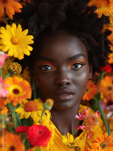 Black woman is surrounded by flowers in pringtime and has orange makeup on her face. The image has a bright and cheerful mood, with the woman's face and the flowers creating a sense of warmth photo