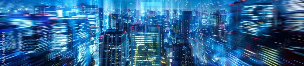 Artistic representation of the nighttime city skyline using vertical lines and shades of blue, with buildings illuminated in various colors Generative AI