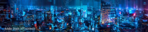 abstract panoramic cityscape with skyscrapers at night, blue color gradient, glitch art Generative AI