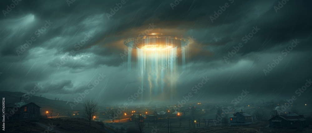 Extraterrestrial aliens fly over small town, ufo with blue spotlights in stormy dark sky.