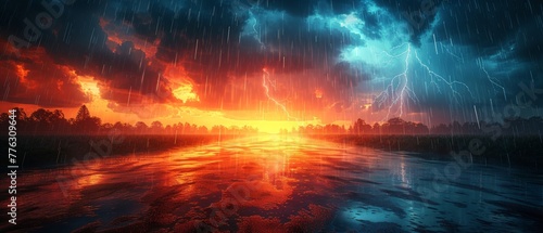 Concept background of a weather forecast with a variety of weather conditions: bright sun and blue sky; dark stormy sky with lightning; sunset and nightfall