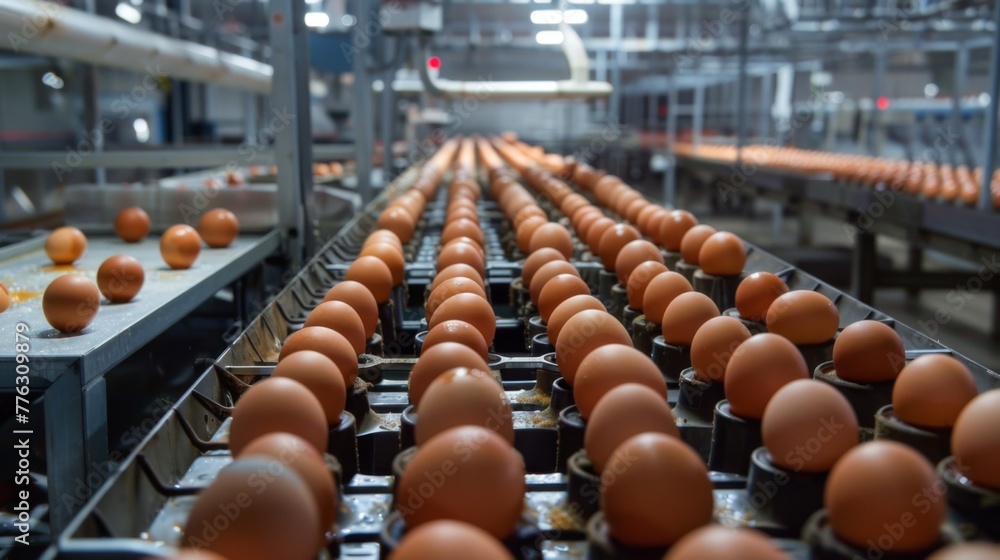 Egg factory. Mass automated conveyor eggs production