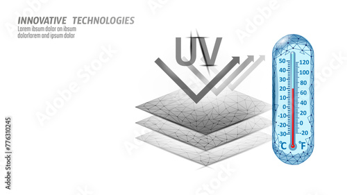  3D UV protection membrane properties. Textile fabric sport sun screen label. Clothing digital design ultraviolet rays safety skin resistance vector illustration