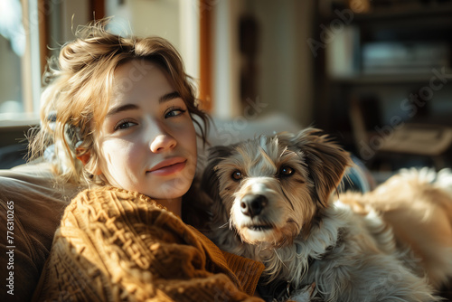 Caucasian woman is sitting on the sofa with her dog in the living room.