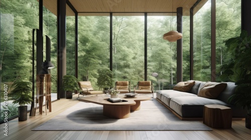 A Japandi style living room  interior close to nature  embraces natural elements to create a serene and harmonious space.