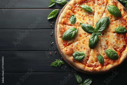 Delicious pizza with tomato sauce, cheese, sausage, and herbs on black background