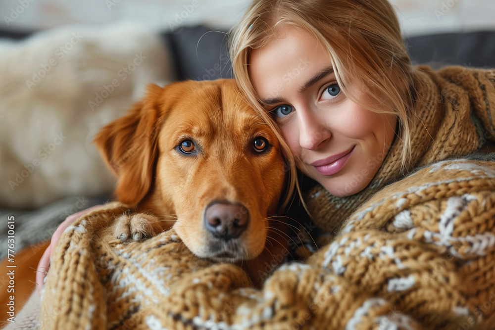 Caucasian woman is sitting on the sofa with her dog in the living room. Caucasian woman is sitting on the sofa with her dog in the living room.