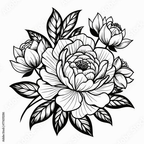 Peony Line Drawing. Black and white Floral Bouquets. Flower Coloring Page. Floral 