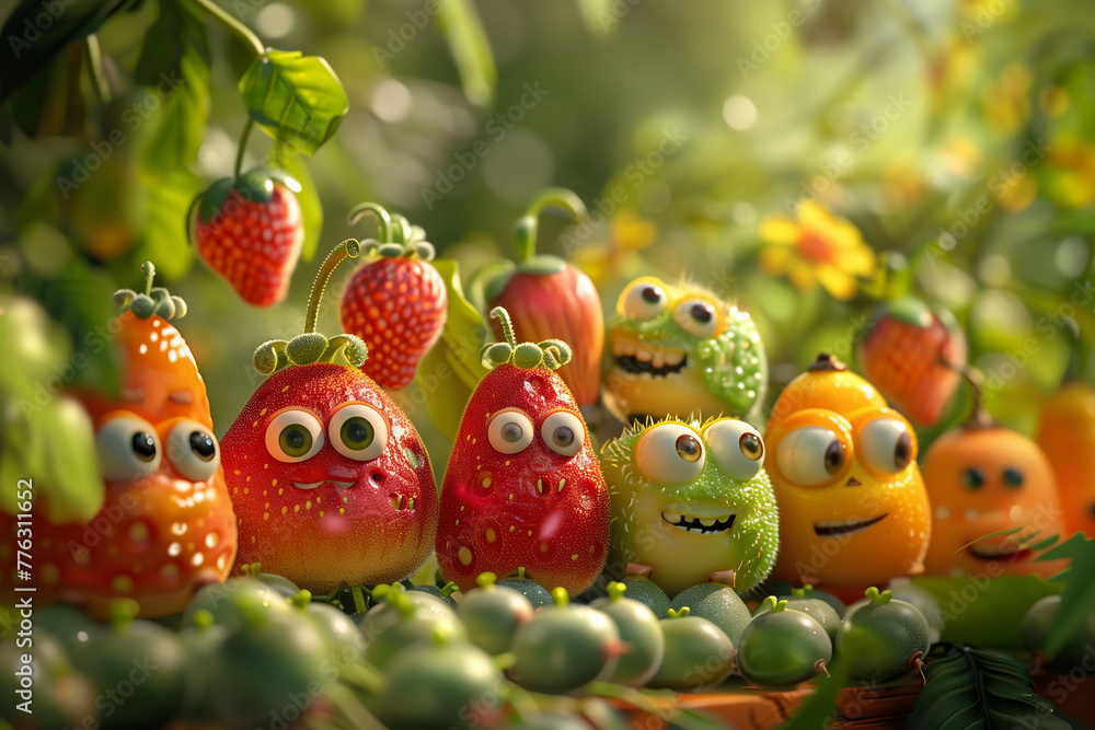 Selective focus of 3D cartoon style, cute and happy fruit characters. Selective focus of 3D cartoon style, cute and happy fruit characters.