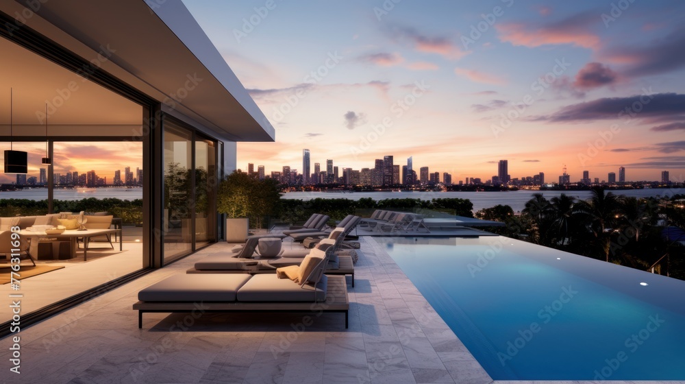 Fototapeta premium Modern villa with a private rooftop infinity pool overlooking the Miami skyline in Florida