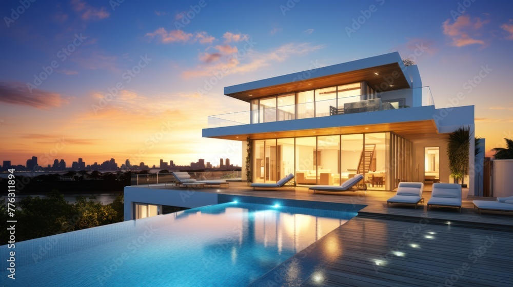 Fototapeta premium Modern villa with a private rooftop infinity pool overlooking the Miami skyline in Florida