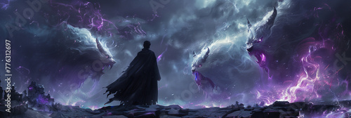 Selective focus of Anime scene of a man in a black cloak with horns and glowing purple eyes standing on the ruins. Surrounded by large demon-like creatures. photo