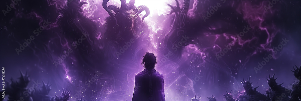 Selective focus of Anime scene of a man in a black cloak with horns and glowing purple eyes standing on the ruins. Surrounded by large demon-like creatures.