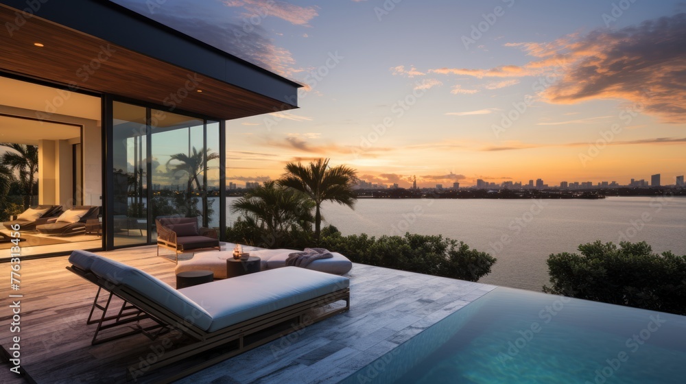 Fototapeta premium Modern villa with a private rooftop infinity pool overlooking the Miami skyline in Florida