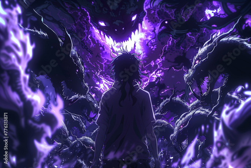 Selective focus of Anime scene of a man in a black cloak with horns and glowing purple eyes standing on the ruins. Surrounded by large demon-like creatures.