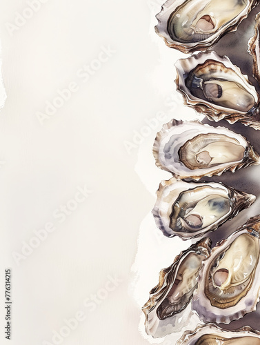 Oysters neatly arranged on a bright white surface, space for text.