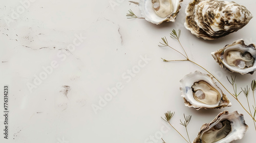 Fototapeta Naklejka Na Ścianę i Meble -  Top view of oysters arranged on cream textured background with a copy space for text.