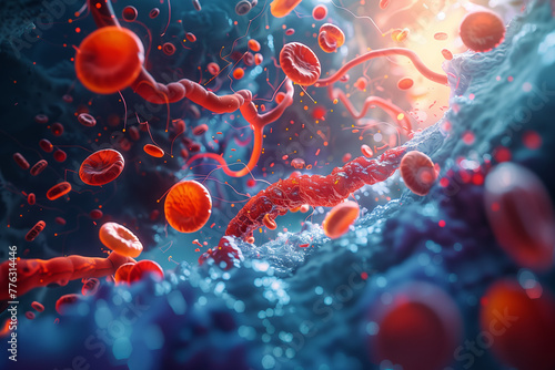 Selective focus of 3D visualization of red blood cells in blood vessels. photo