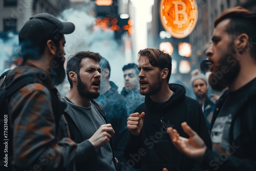 group of young men talking to each other. They appear angry and are shouting at one another in the street photo