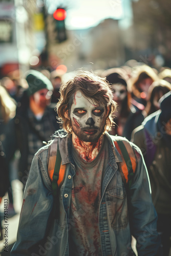 Selective focus of Zombies are walking on the city streets.