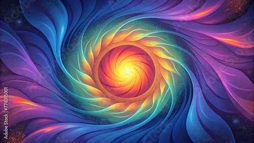 As if caught in a neverending spiral a bright burst of electric colors spins and twists in a dynamic vortex.