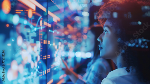 A young woman is in front of an interactive digital display, looking at data visualizations and graphs on the screen