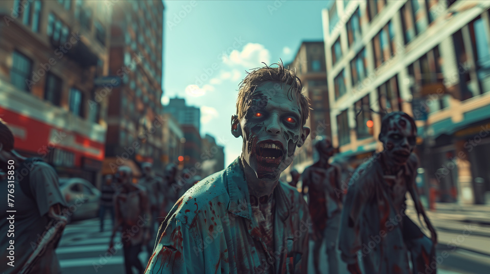 Selective focus of Zombies are walking on the city streets.