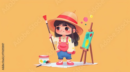 a young child is depicted dressed as a stereotypical oil painter, adopting a minimalist kawaii style with pastel colors. The portrayal exudes cuteness and creativity, capturing the playful innocence a photo