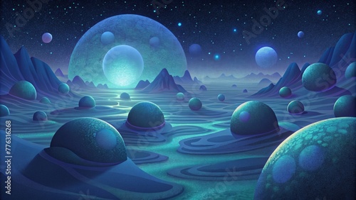 A surreal landscape of glowing orbs floating in a seemingly endless expanse of darkness in the bioluminescent depths.