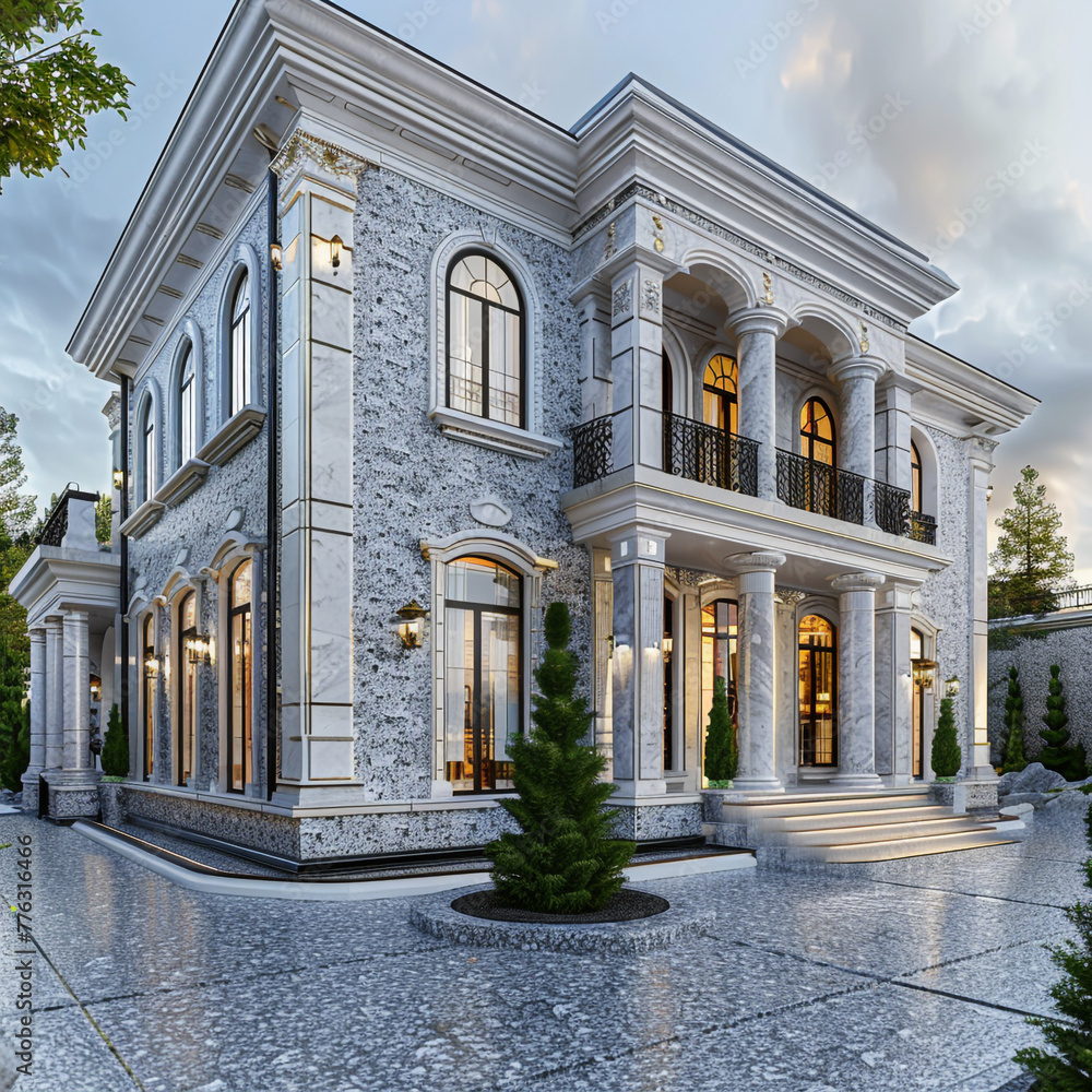 An elegant 3D Max luxury miniature villa framed against a sophisticated granite gray backdrop.