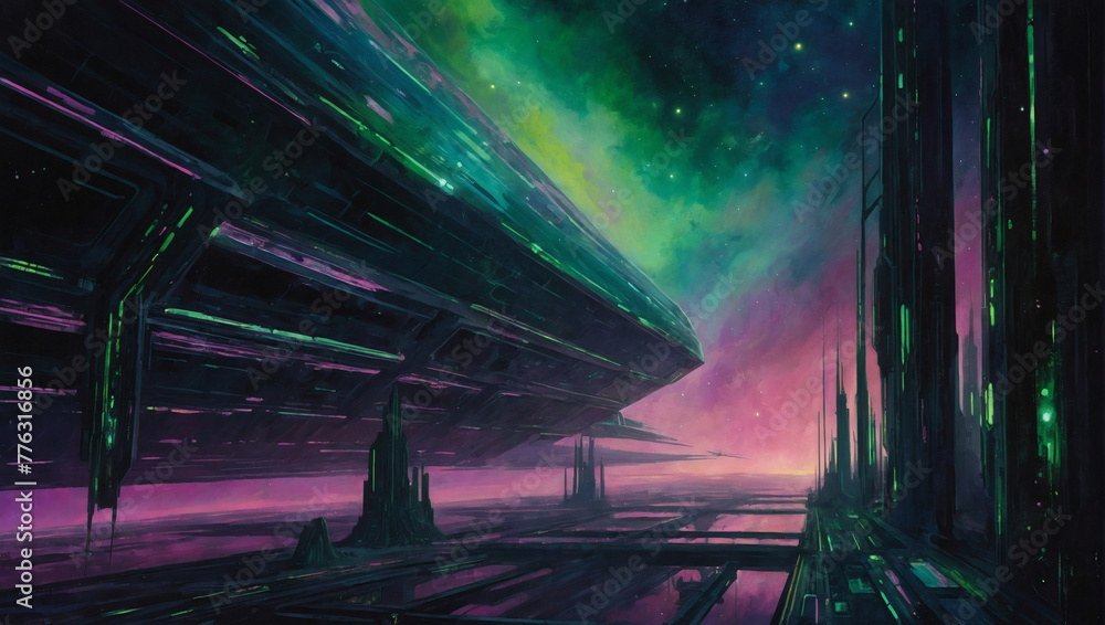 In the ethereal expanse of space, a luminescent zealous space habitat glows with fervor, radiating hues of iridescent greens and pinks against the dark void. - obrazy, fototapety, plakaty 