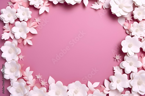 Frame made of paper flowers on pink background. top view. Space for text